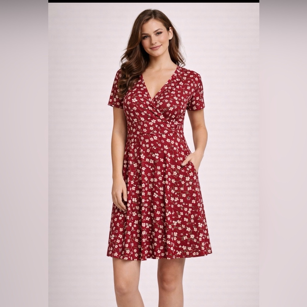 MS BASIC Floral Dress Size Large Cross Over Plunge Bodice Side Pockets A-line